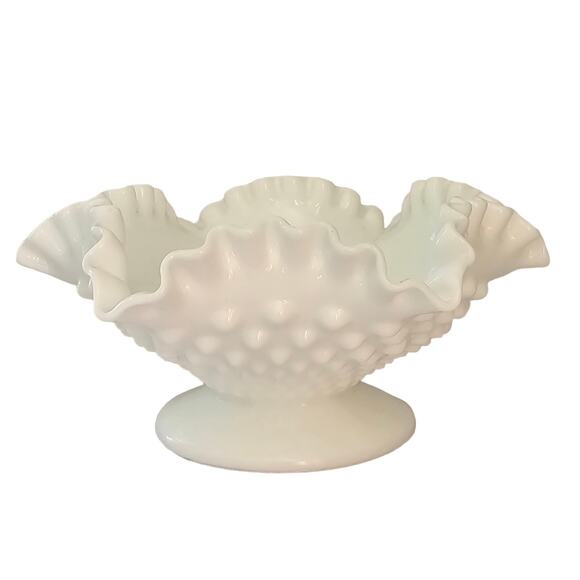 Vintage Fenton Compote White Milk Glass Hobnail Double Ruffle Mid Century - Picture 1 of 9